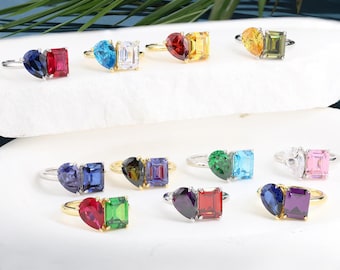 4.5CTW Custom Birthstone Ring Emerald & Pear Cut Toi et Moi Gemstone Ring mother daughter family birthstone ring spouse dual Birthstone Ring