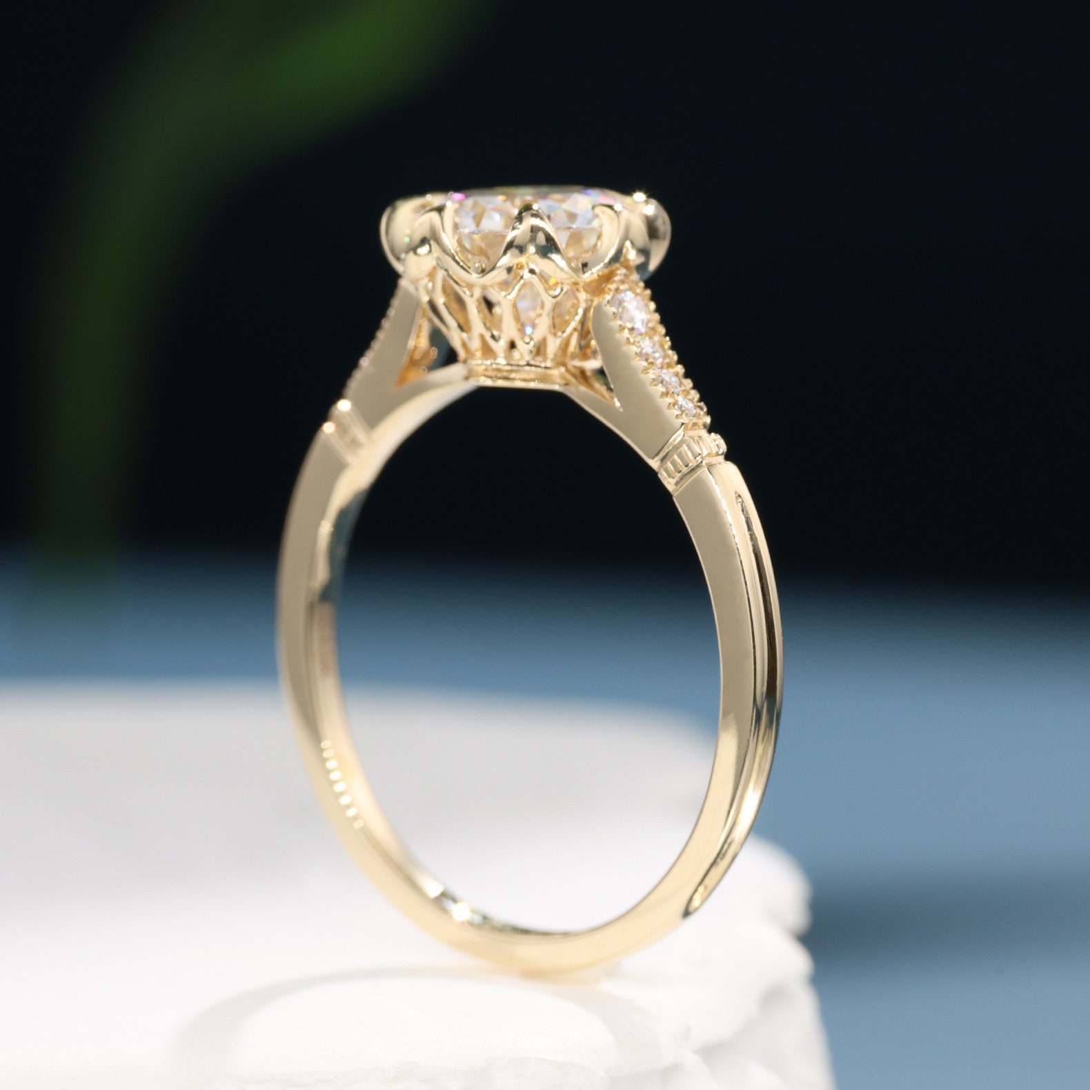 Filigree art deco Gold moissanite Engagement ring 8 prong set Cathedral setting unique Round Solitaire diamond Wedding ring Vintage inspired