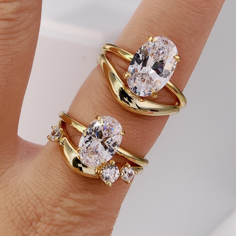 Anillo de compromiso ovalado de 2-3 quilates, anillo de viaje de oro, conjunto único de anillo de promesa de plata, anillo de boda, anillo solitario con diamante simulado, regalo para ella imagen 8