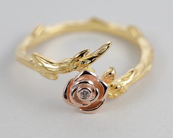 Diamond Rose Ring Gold Flower Ring Floral Ring Dainty Ring Stacking Ring Two town Rose Vintage Statement ring Christmas Gift for Her