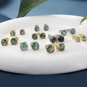 Dainty Moss Agate Stud Earrings – Classic 4-Prong Basket Setting | 5mm-8mm Round Green Stone | Push Back | Sterling Silver or Gold Vermeil