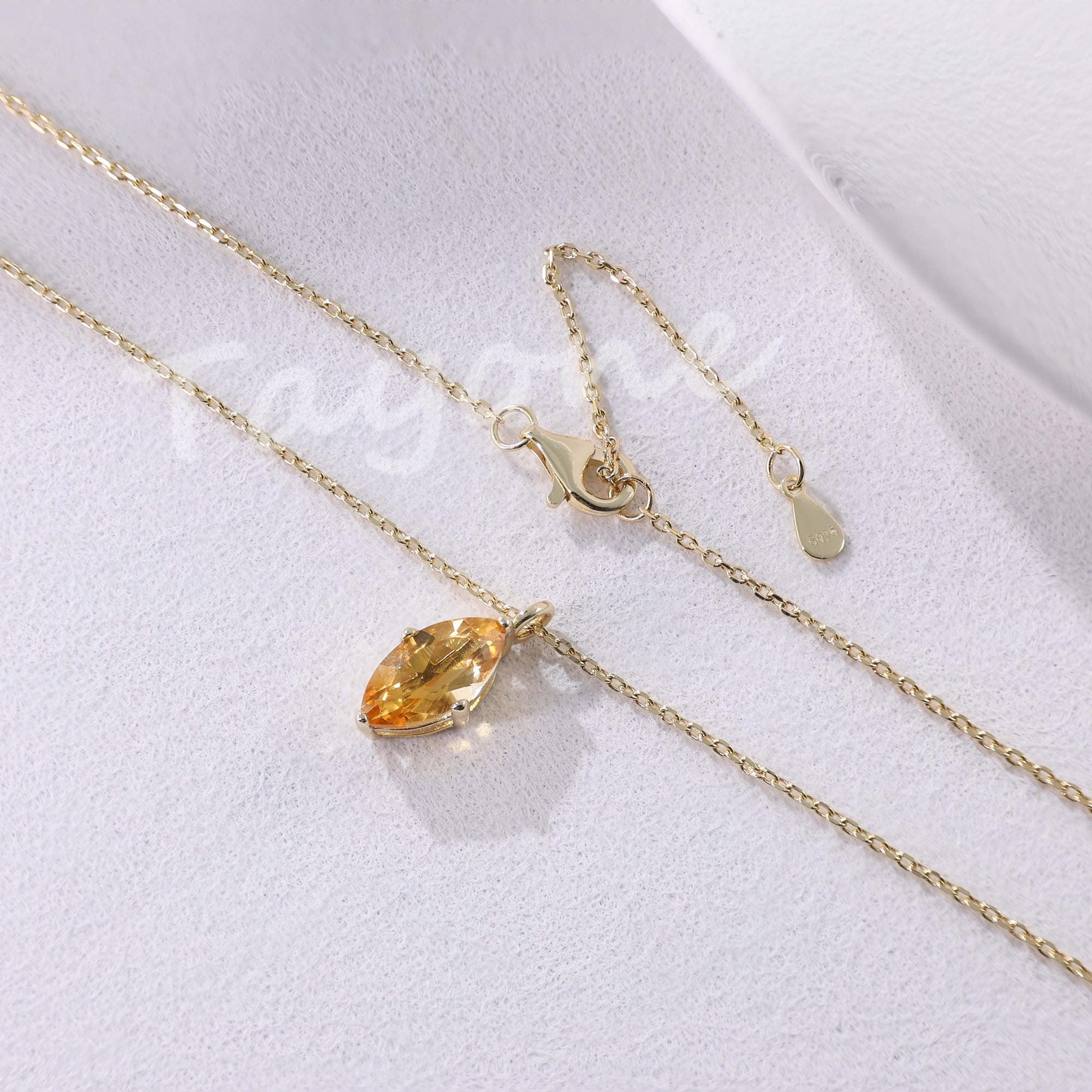 Collier Citrine Marquise Fait Main - Chaîne 18 Pouces Plaquée Argent, Pierre Jaune Taillée, Création Inde