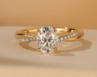 1ct-3ct Oval Cut Petite Twist Vine Moissanite Engagement Ring 14k Yellow Gold Art Nouveau inspired with pave diamond accents ideal for women