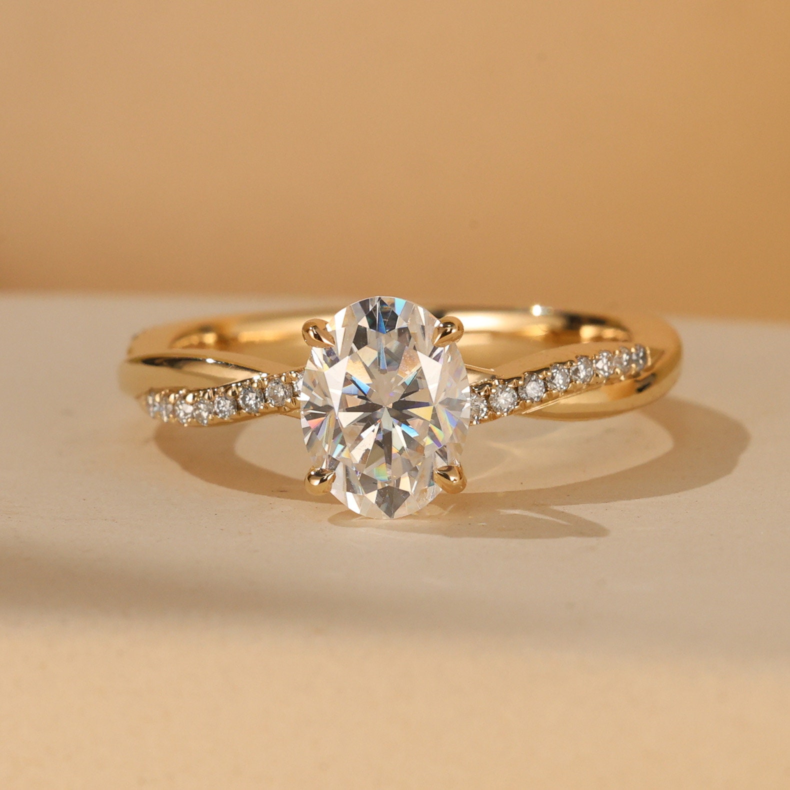 1ct-3ct Oval Cut Petite Twist Vine Moissanite Engagement Ring 14k Yellow Gold Art Nouveau inspired with pave diamond accents ideal for women