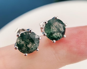 Pendientes de botón de ágata musgosa – Plata de ley, piedra verde redonda de 4 mm a 8 mm