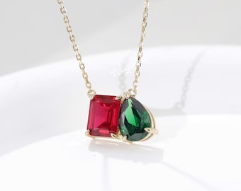 Emerald & Pear Cut Birthstone Necklace, Sterling Silver Toi et Moi