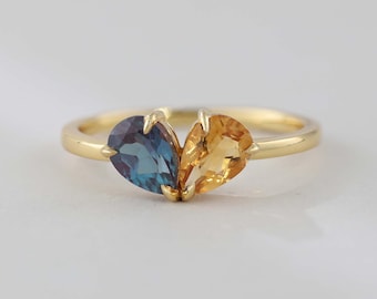 14K Gold Toi et Moi Ring • Pear Alexandrite & Citrine • Two Stone Engagement Ring • Natural Birthstone Ring Unique Anniversary Gift for Her