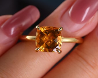3CT OR 4CT Natural Citrine Ring Yellow Gold Vermeil Hidden Halo Engagement, November Birthstone Jewelry, Minimalist square ring Gift for her