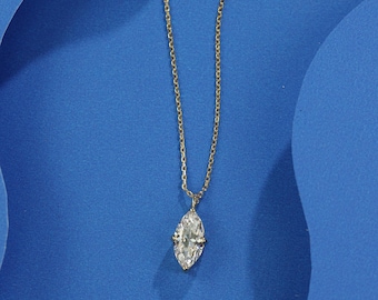 Marquise Cut Moissanite Solitaire Necklace, 14K Yellow Gold Dainty Pendant