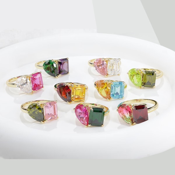 Benutzerdefinierte Birthstone Ring Smaragd & Pear Cut Toi et Moi Edelstein Ring Mutter Tochter Familie Geburtsstein Ring Ehepartner doppelter Birthstone Ring