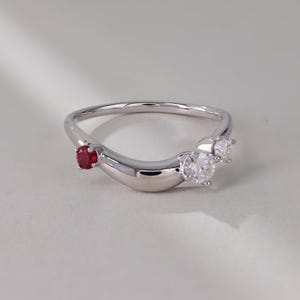 Ruby and Moissanite Curved Wedding Band, Scattered Gemstone Silver Ring, Chunky Stackable Fluid Band, Two Stone Anniversary Birthstone Ring