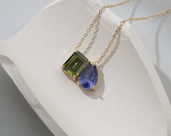 4.5ct Custom Two Birthstone Necklace, Toi et Moi Gemstone Necklace Emerald & Pear Cut Birthstone Necklace Personalized Jewelry Mothers gift