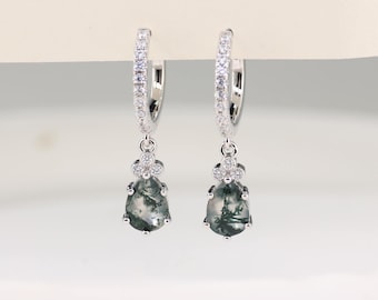 Aros colgantes de plata con ágata musgosa, oro vermeil de 14 quilates, collar de ágata musgosa, regalo de aniversario y cumpleaños para ella.