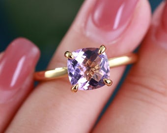 3ct oder 4ct natürlicher Amethyst-Kissenring, 14k Gelbgold-Vermeil versteckter Heiligenschein, Februar Birthstone Geschenk
