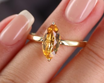 Marquise Natural Citrine Ring Yellow Gold Vermeil Engagement Ring, November Birthstone Jewelry, Minimalist Yellow gemstone ring Gift for her