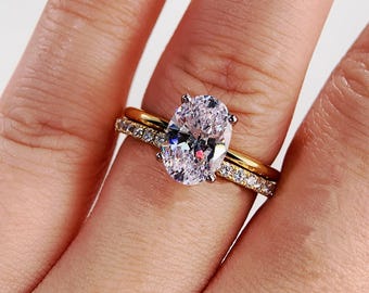 2.5CT 3.5CT Oval Solitaire Engagement Ring Set Two Tone Yellow Gold vermeil Oval CZ Statement ring bridal set Open moissanite wedding band