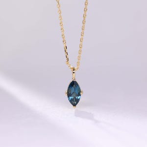 Marquise Cut Natural London Blue Topaz Pendant Necklace, 14K Gold Solitaire Layering Birthstone Jewelry Gift for Her