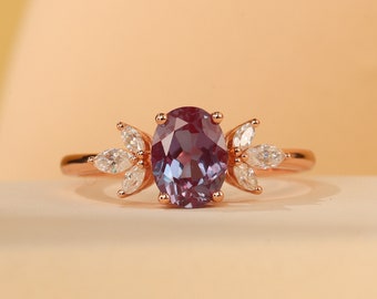 14K Rose Gold Oval Cut Alexandrite Engagement Diamond Ring unique Marquise cut Vintage Cluster Promise Wedding Ring Bridal Anniversary Gift