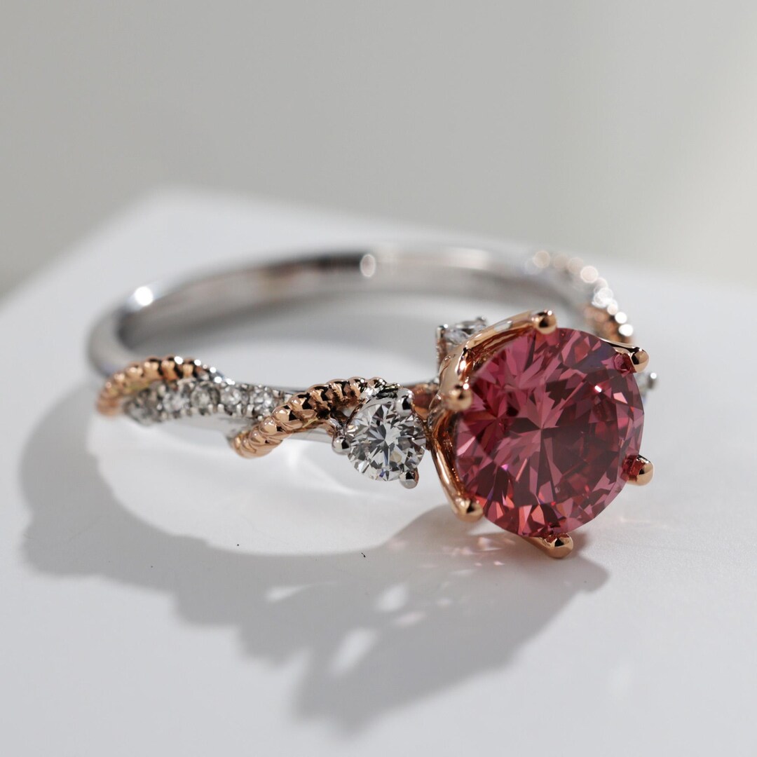 Red Lab Grown Diamond Floral Ring, 14K Gold Twisted Vine Bridal Jewelry ...