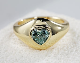 Teal Green Moissanite Ring, Heart Shape Signet Ring, Gold Silver Dome Ring, Unique Statement Ring, Minimalist Pinky Ring, Gift for Her