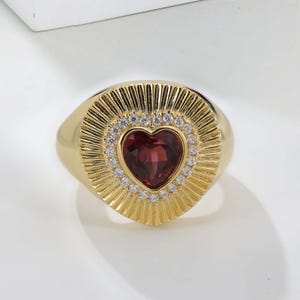 Heart Garnet Signet Ring – 14K Gold Vermeil, Sterling Silver, Moissanite