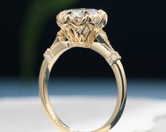 Vintage inspired engagement ring Cathedral setting filigree art deco moissanite ring 8 prong set ring unique Round Solitaire diamond ring