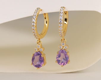 Pendientes colgantes de aro con amatista lavanda, baño de oro de 14 quilates, joyería de aro colgante con amatista, regalo de aniversario y cumpleaños para ella, regalo para alma gemela