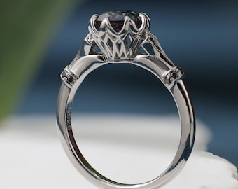 Alexandrite Vintage inspired engagement ring Cathedral setting filigree art deco Black Moissanite ring 8 prong set unique round diamond ring