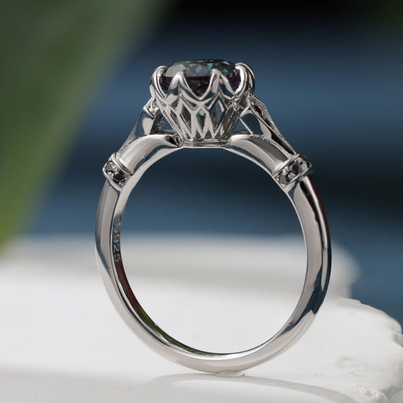 Alexandrite Vintage inspired engagement ring Cathedral setting filigree art deco Black Moissanite ring 8 prong set unique round diamond ring