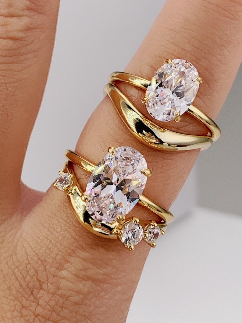 Anillo de compromiso ovalado de 2-3 quilates, anillo de viaje de oro, conjunto único de anillo de promesa de plata, anillo de boda, anillo solitario con diamante simulado, regalo para ella imagen 4
