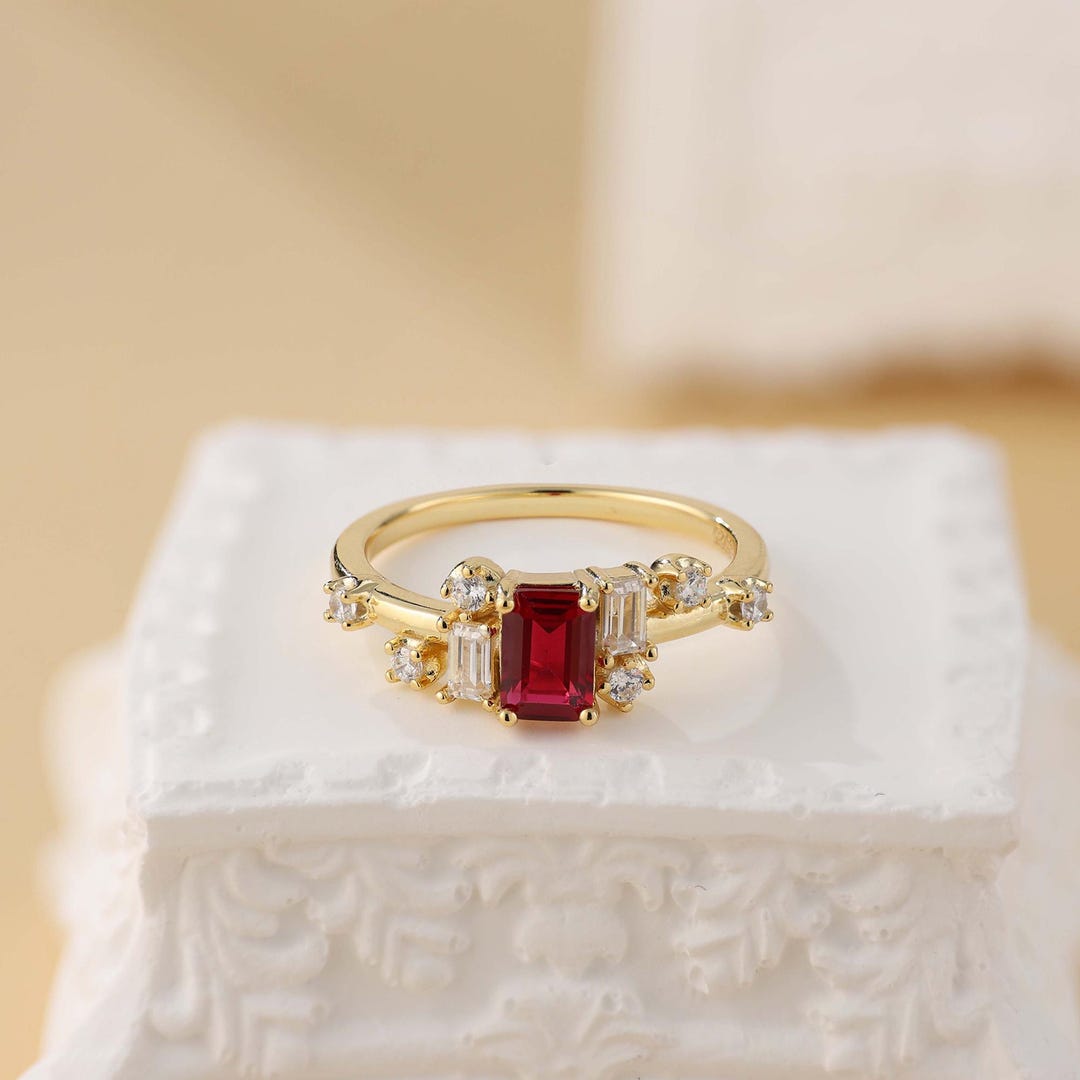 Genuine Ruby Cluster Ring 14K Gold Vermeil, July Birthstone Ring, Gold ...