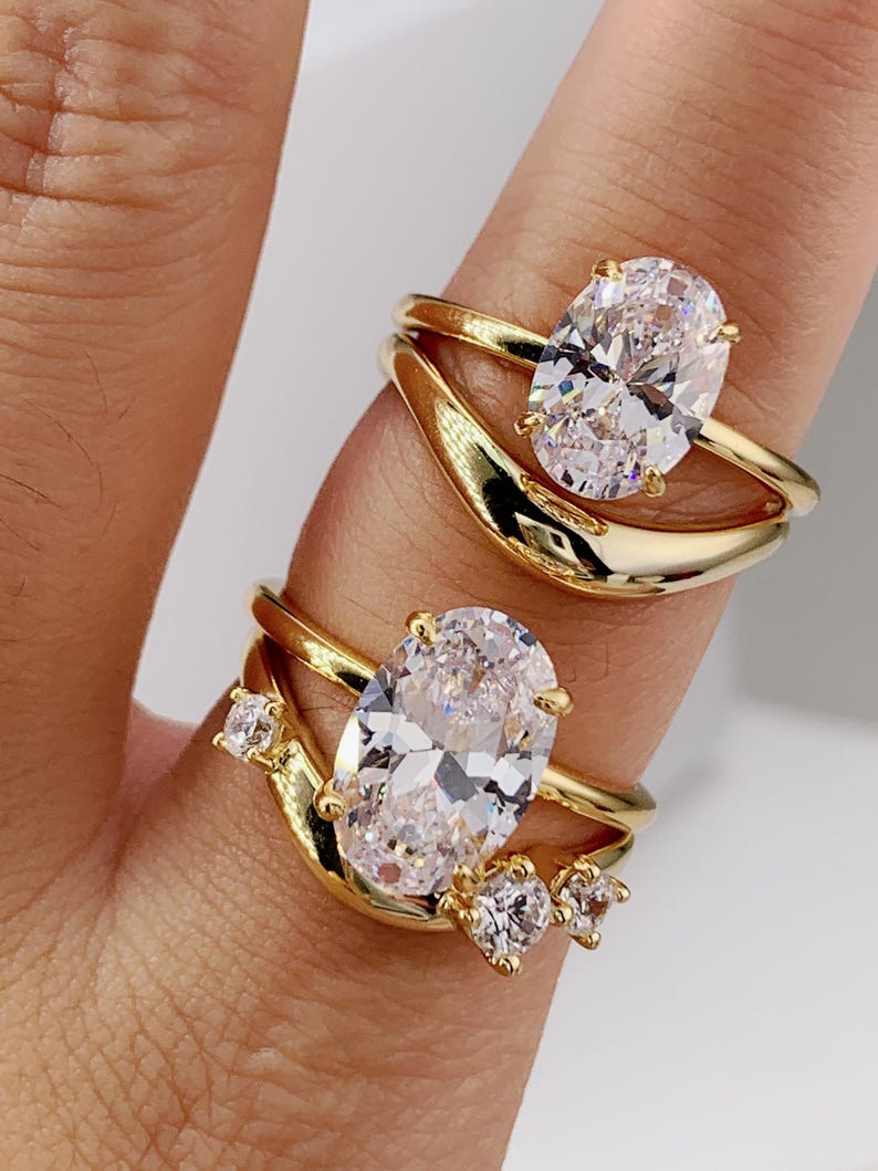Anillo de compromiso ovalado de 2-3 quilates, anillo de viaje de oro, conjunto único de anillo de promesa de plata, anillo de boda, anillo solitario con diamante simulado, regalo para ella imagen 10