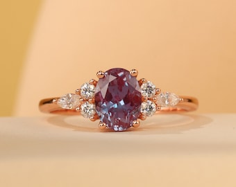 14K Rose Gold Oval Cut Alexandrite engagement ring Unique Cluster Marquise and Round Brilliant Diamond Promise Ring Art Deco Anniversary