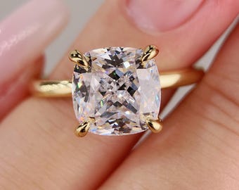 Pierścionek zaręczynowy z diamentem o szlifie poduszkowym, imitującym diament o masie 2,5 ct lub 3,5 ct, ukryty pierścień zaręczynowy z cyrkoniami, złoty Vermeil lub srebro próby 925, prezent dla niej
