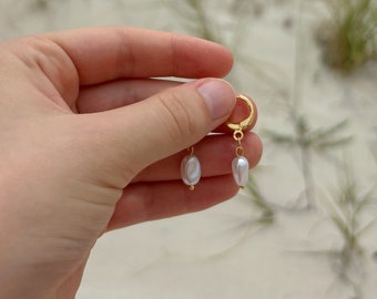 18k Gold Plated Pearl Drop Huggie Earrings