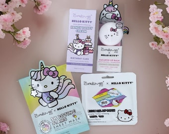 Lot Hello Kitty Spa : crème Dandy pratique - baume à lèvres anniversaire et macaron - patch pour les lèvres licorne et hydrogel et masque en tissu étoiles filantes