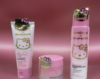 Hello Kitty Huidverzorgingsbundel: 24/7 Hydratatieslot Lichtgewicht vochtinbrengende crème en Pure Cure Aardbeienmelktoner en roze watercrème