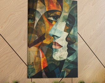 Cubism Abstract Faces Canvas Wall Art - Dual Portrait with Geometric Shapes, Colorful Modern Home Decor, Perfect Gift for Art Lovers