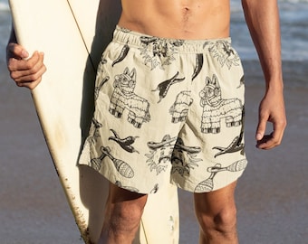 Desert Fiesta - Men's swim trunks, 7 inch inseam, comfortable swimsuit, beach, sombrero, piñata, cactus, summer gift idea