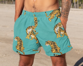 Tigers on Teal - Men's swim trunks, 7 inch inseam, comfortable swimsuit, beach and pool, summer gift idea