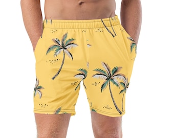 Desert Palms - Men's swim trunks, 7 inch inseam, comfortable swimsuit, beach and pool, yellow, fun, summer gift idea