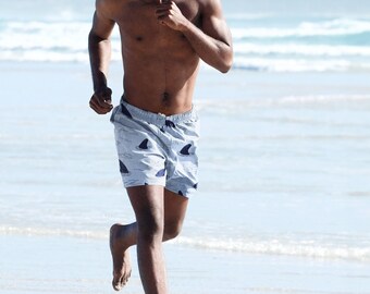 Shark Attack - Men's swim trunks, 7 inch inseam, comfortable swimsuit, beach and pool, summer gift idea