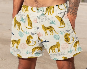 Leopard Print Swim Trunks: Men's 7" Inseam Recycled Swimsuit