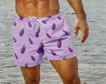 Eggplants - Men's swim trunks, 7 inch inseam, comfortable swimsuit, emoji, purple, summer gift idea