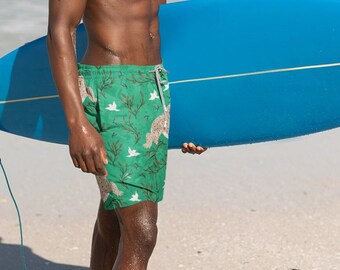 Alligator Print Swim Trunks: Green Recycled Polyester 7" Inseam