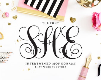 Intertwined Monogram Font - Interwoven Monogram - Fonts for Wedding - Typeface - Monogram She