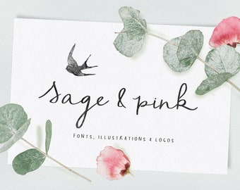 Sage & Pink Font and Logos - Botanical Logo - Modern Calligraphy Font - Handwritten Font -  Modern Font - Premade Logo - Logo Template