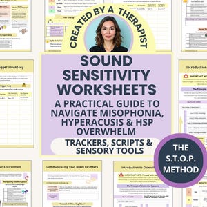 May include: A collection of printable worksheets titled "Sound Sensitivity Worksheets" designed to help manage misophonia, hyperacusis, and HSP overwhelm. The worksheets include trackers, scripts, and sensory tools. The image also includes the text "Created by a Therapist."