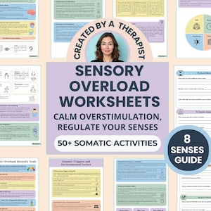 Pode incluir: Um conjunto de folhas de trabalho sobre sobrecarga sensorial, intituladas "Sensory Overload Worksheets", projetadas para acalmar a superestimulação e regular os sentidos. Inclui 50+ atividades somáticas e um guia de 8 sentidos.