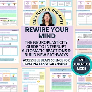 Op de afbeelding: Een verzameling kleurrijke werkbladen met de titel "Rewire Your Mind" en de ondertitel "De neuroplasticiteitsgids om automatische reacties te onderbreken en nieuwe paden te bouwen".